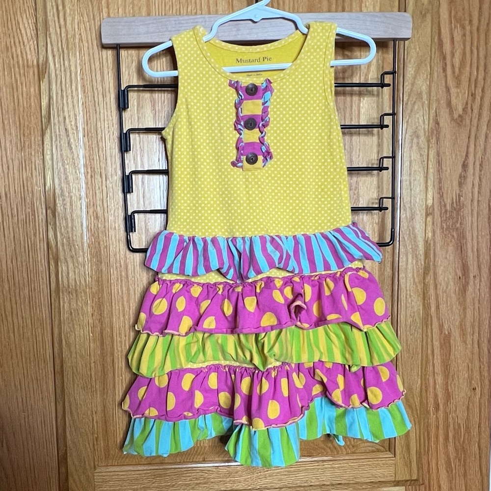 Mustard Pie Tiered Tank Dress Girls 3T Yellow Pink Polka Dot Stripe Party Whimsy